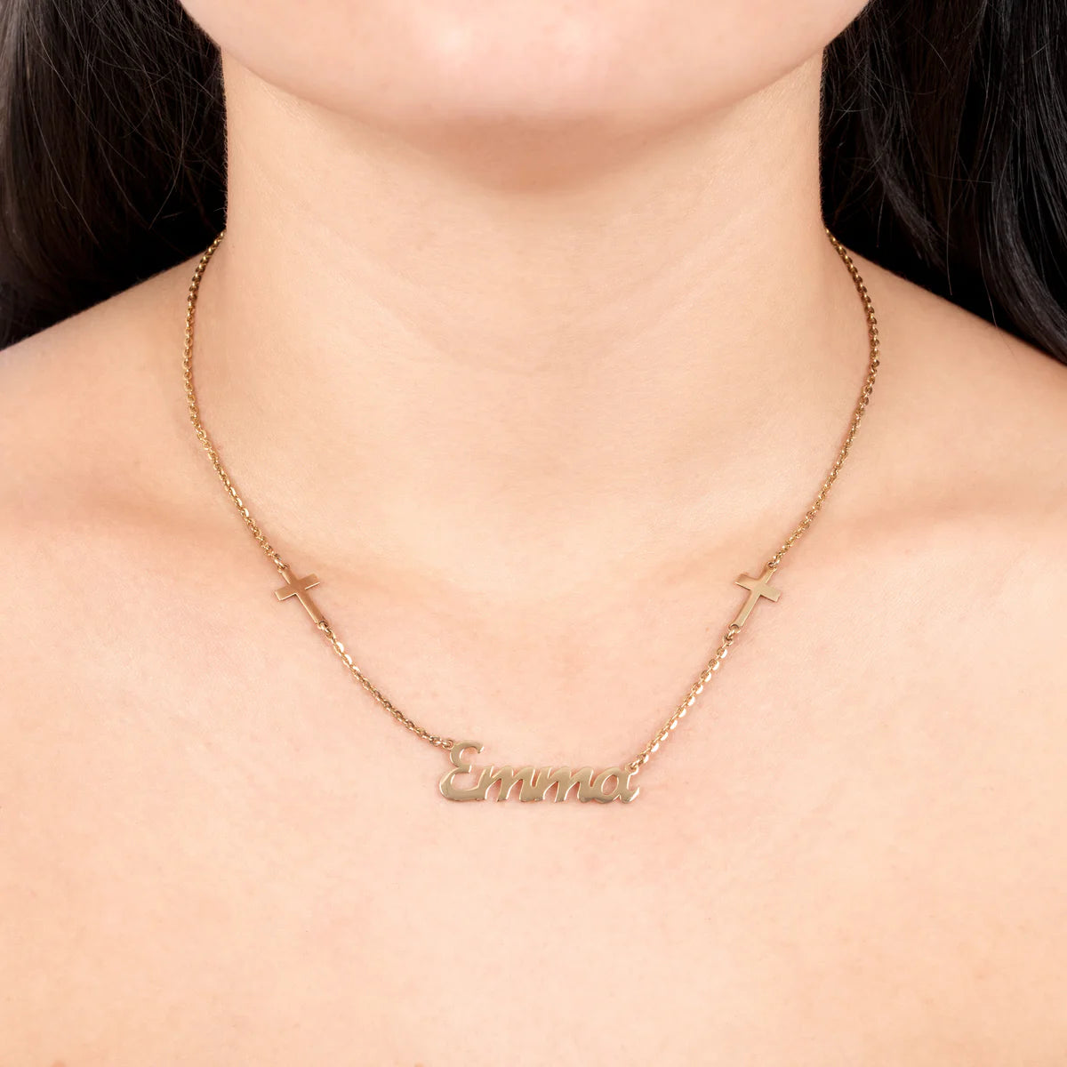 Script Nameplate Necklace with Cross Charms