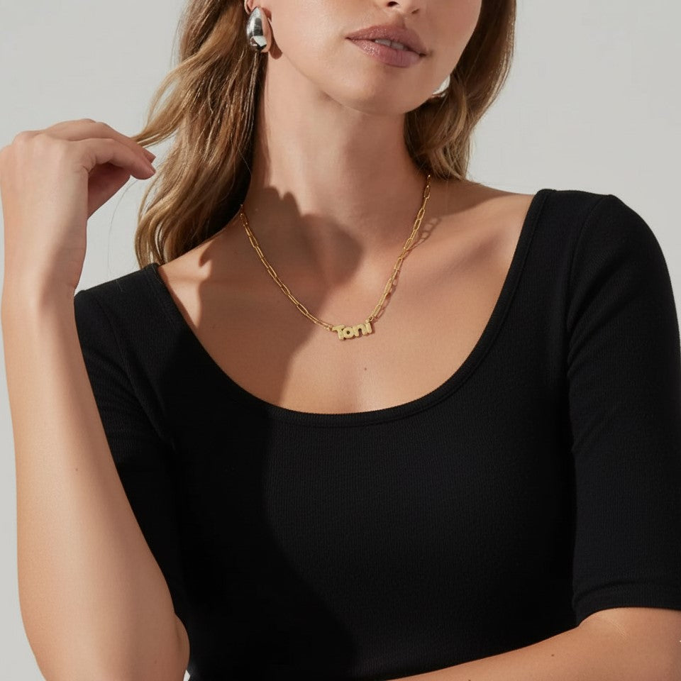 Bubble Name Necklace with Paperclip Chain