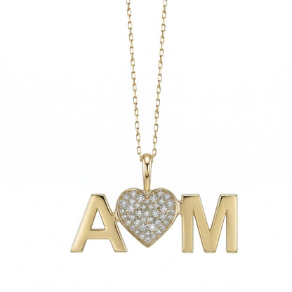 Two Gold Initials and Diamond Heart Pendant