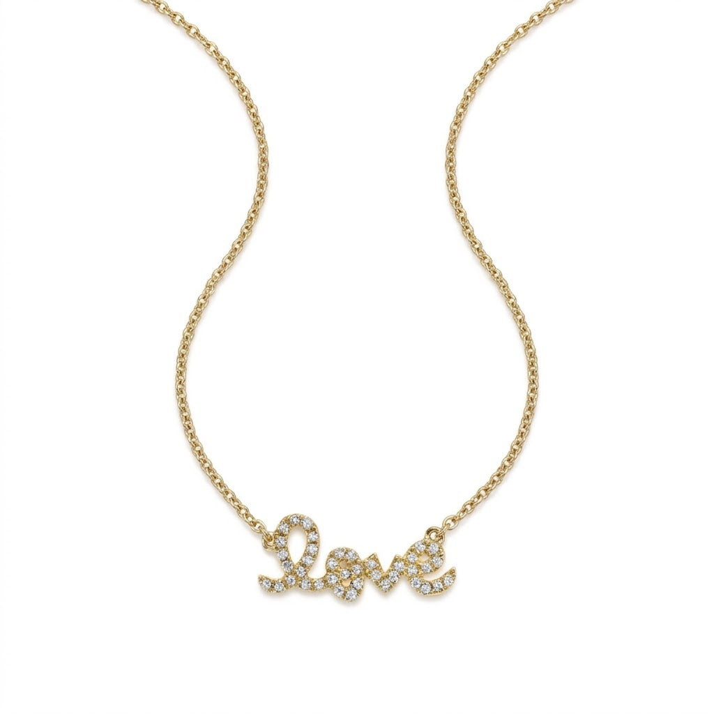 Gold and Diamond Love Script Necklace