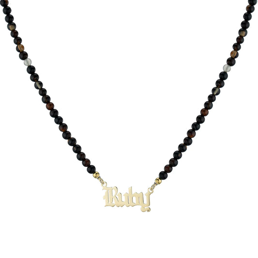 Gothic Nameplate Necklace with Onyx Beads