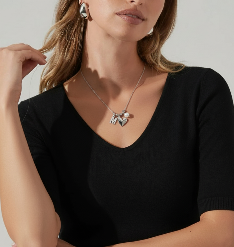 Pearl Initial Heart Charm Necklace